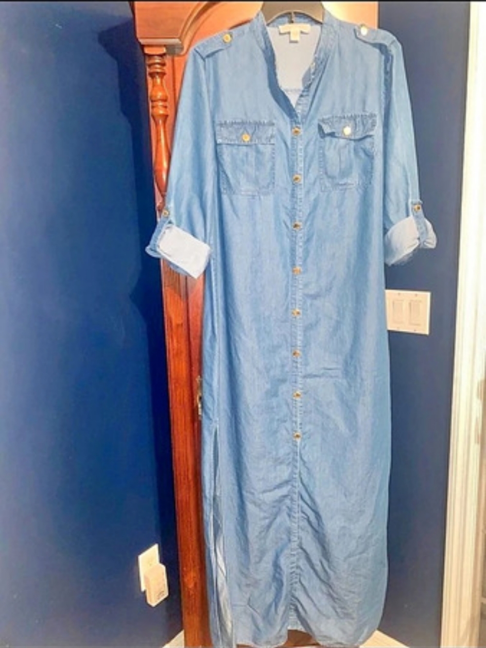Michael Kors Denim Maxi Shirt Dress Blue Size Large
